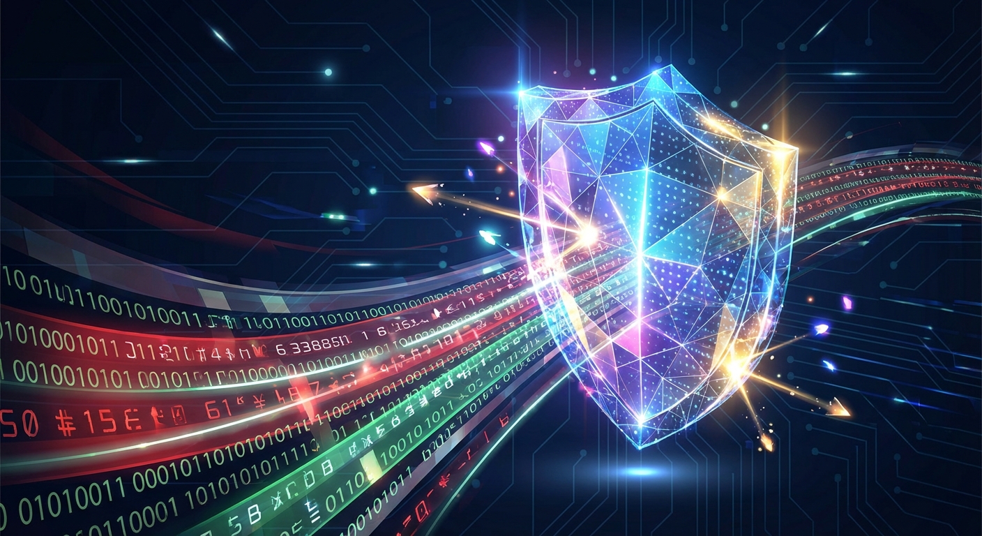An abstract graphic showing a digital shield protecting data streams.