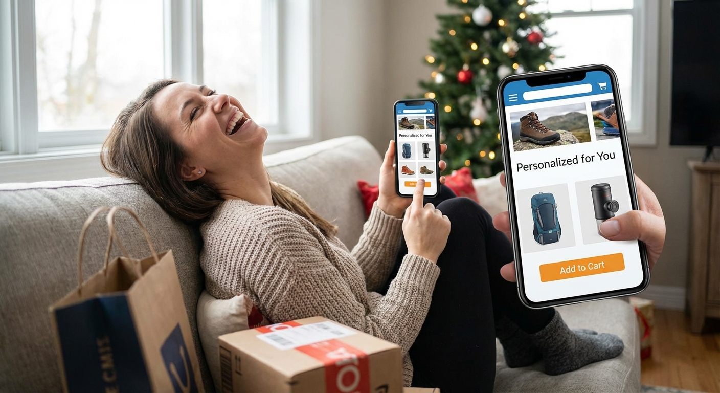 A person happily shopping online using a smartphone, with personalised recommendations on screen.