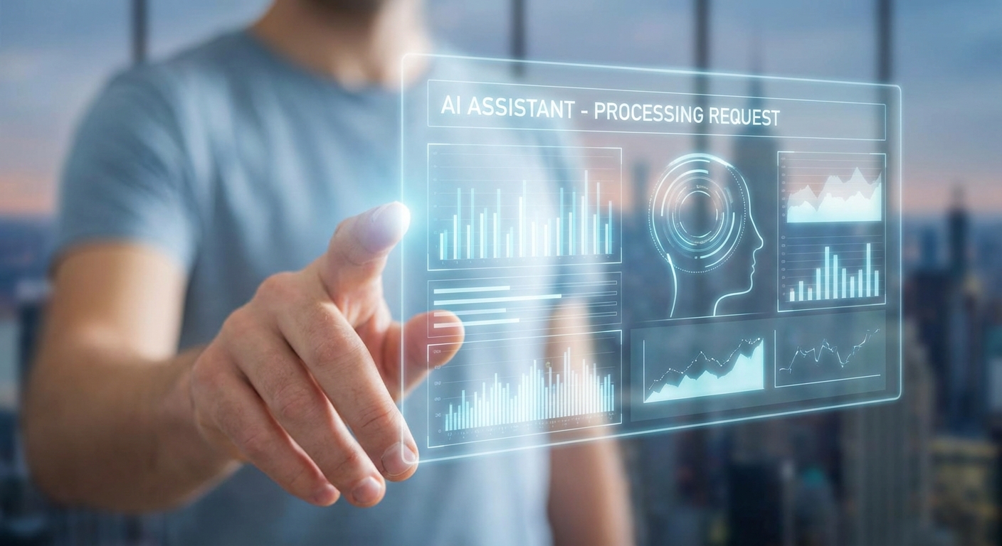 A person interacting with an AI interface on a transparent screen.