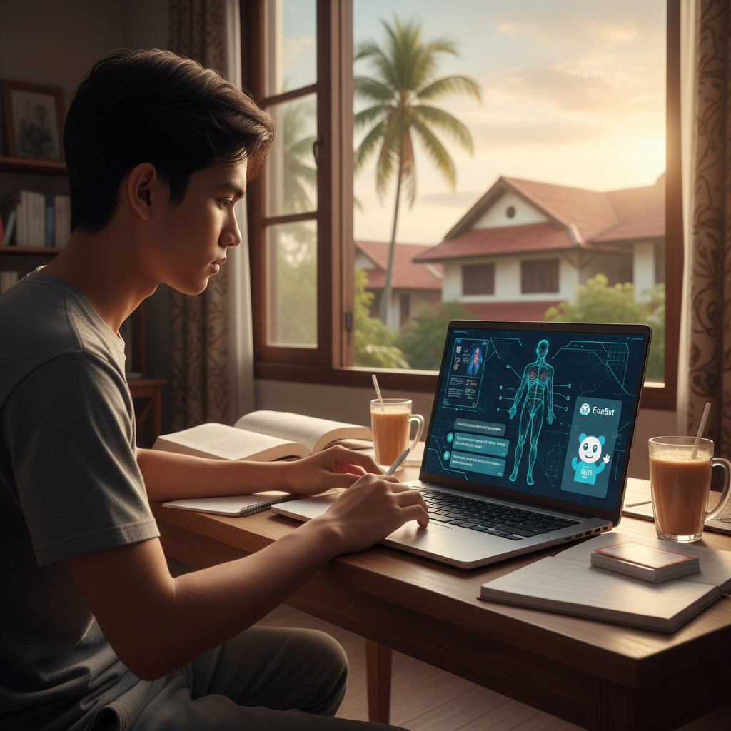 A student in Malaysia using an AI-powered educational tool on their laptop to prepare for an exam.