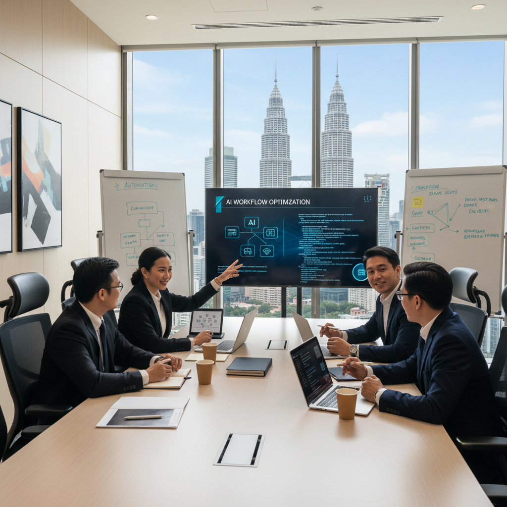 A team of Malaysian professionals discussing how to integrate AI tools into their workflow.