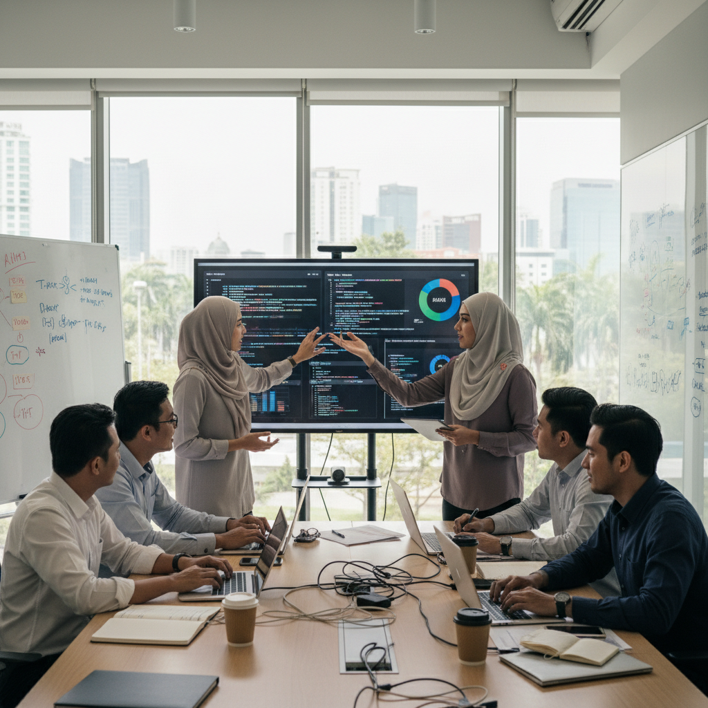 Malaysian professionals collaborating on a data analytics project in an office.
