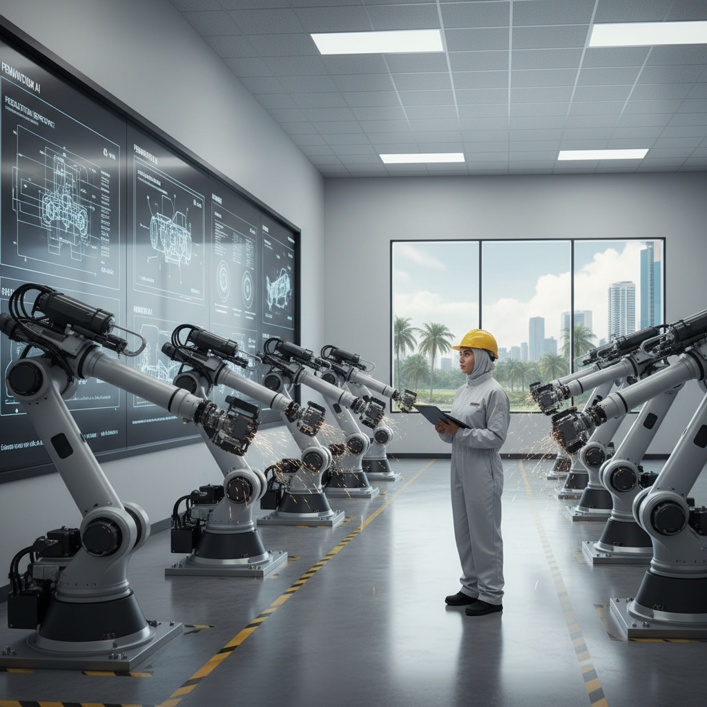 An engineer monitoring AI-driven robotics on a modern factory floor in Malaysia.