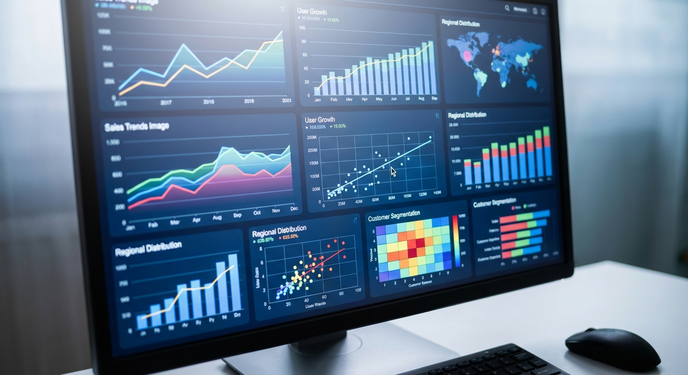 A close-up of a computer screen showing data analytics charts and graphs.