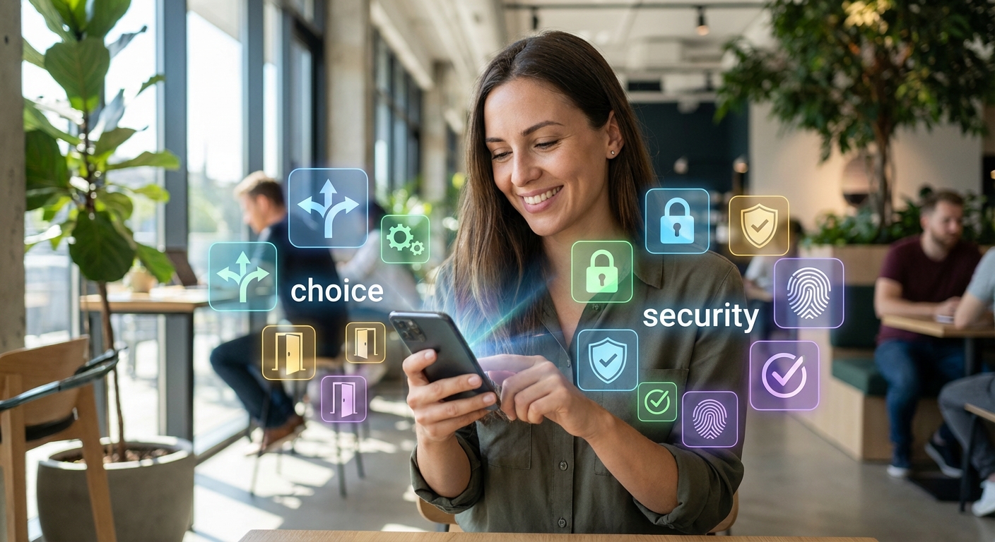 A person using their smartphone, with icons representing choice and security floating around it.