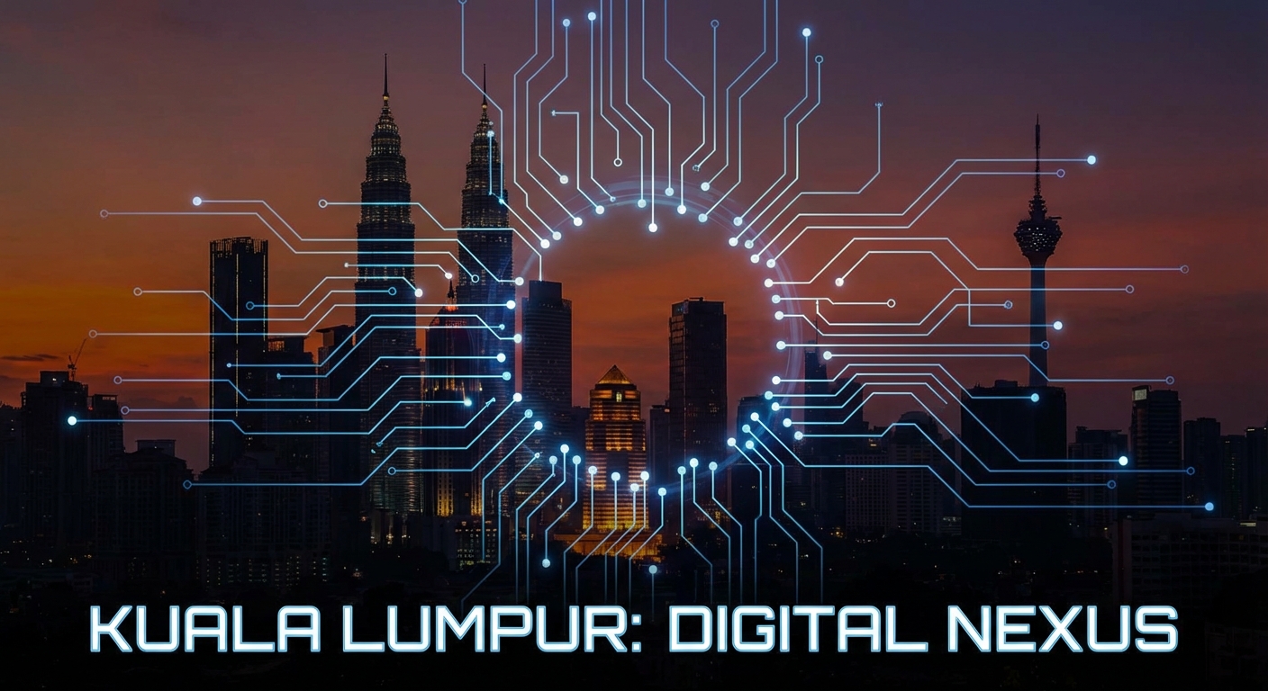 A silhouette of the Kuala Lumpur skyline with digital network lines overlayed.