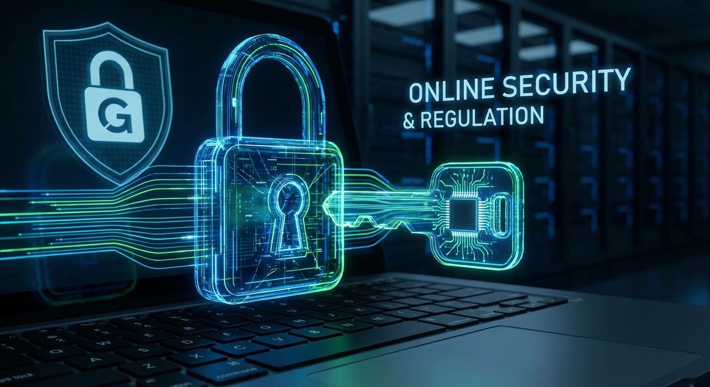 A digital lock and key, symbolising online security and regulation.