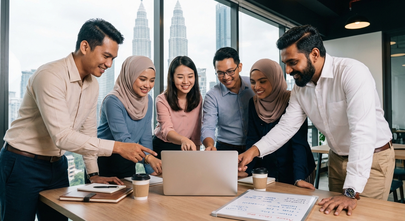 A diverse team of Malaysian professionals collaborating around a laptop.