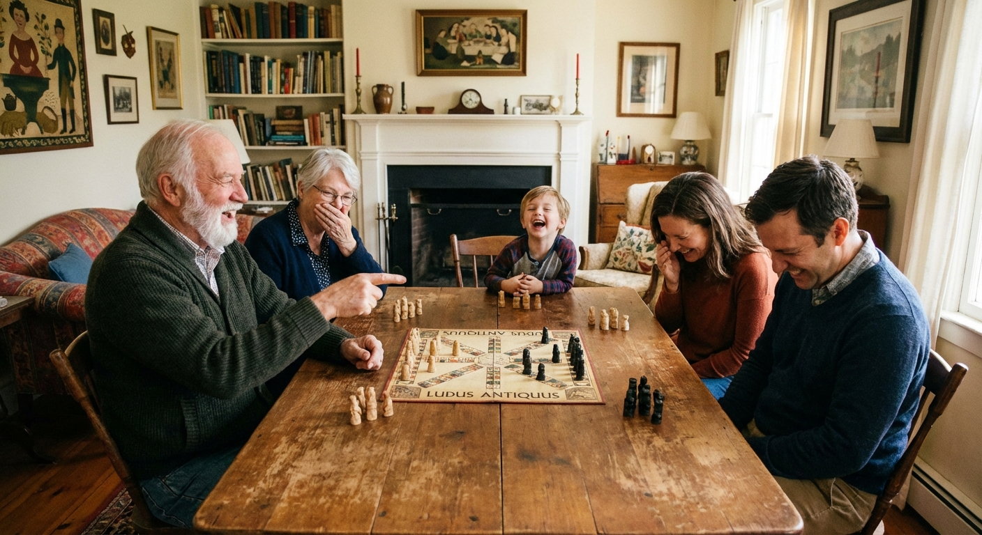 A family laughing together while playing a traditional board game in their living room.