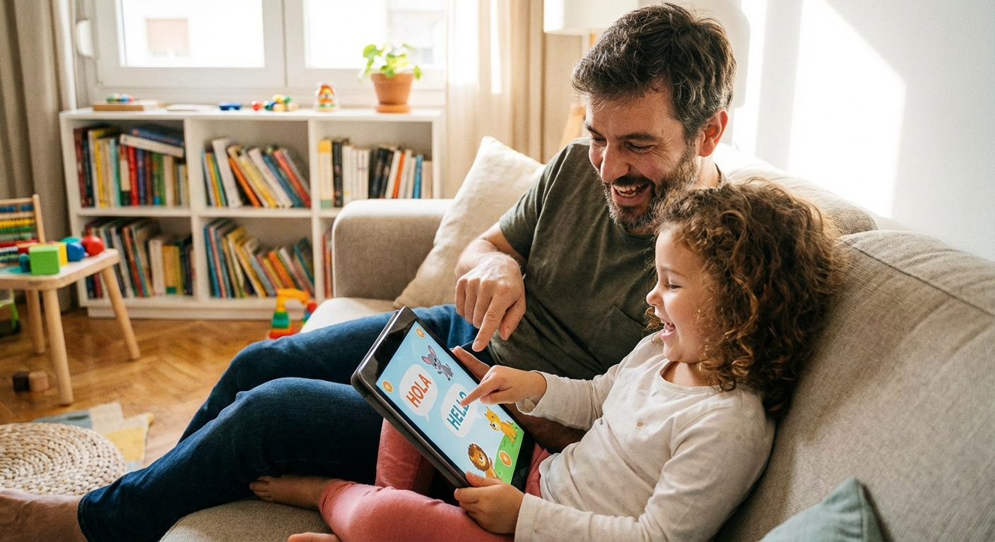 A father and daughter using a tablet together to learn a new language.