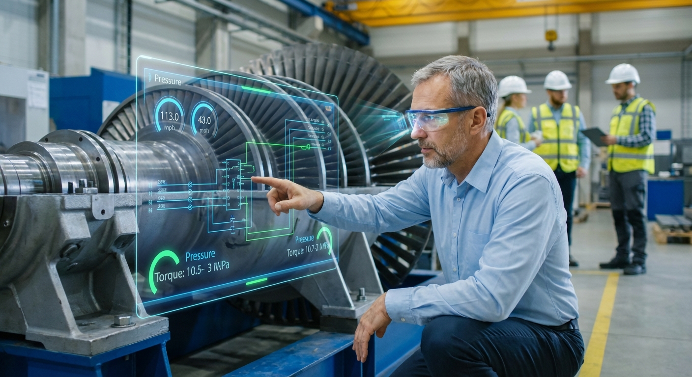 An engineer using smart glasses to view technical data on machinery.