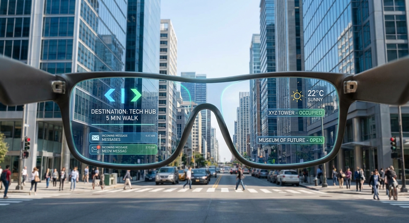 A first-person view through smart glasses showing a digital overlay in a modern city.