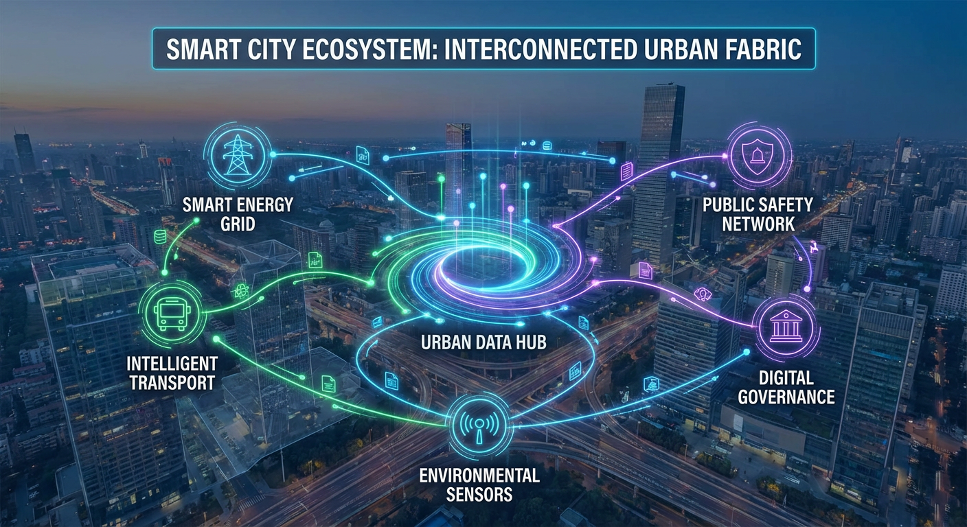 A graphic showing the interconnected network of a smart city.