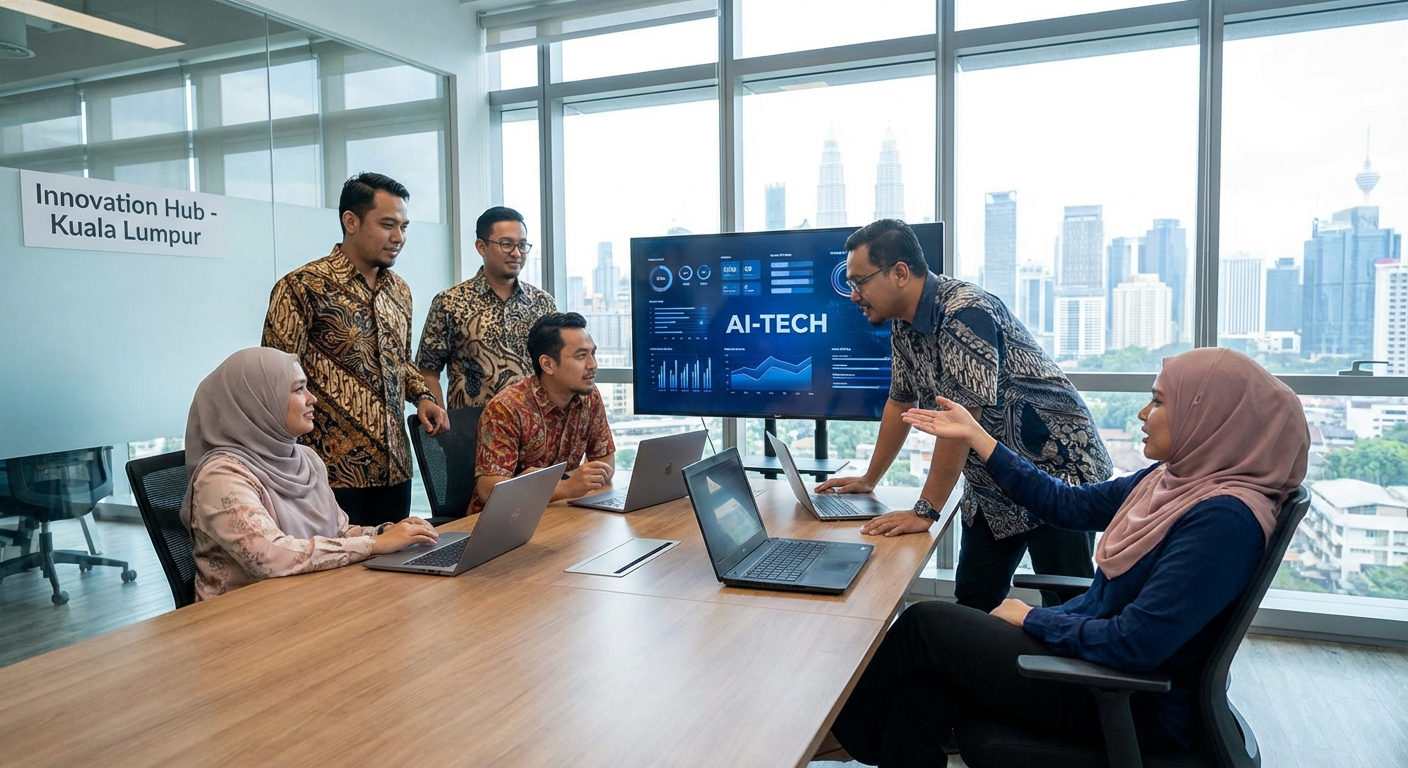 A group of diverse Malaysian professionals in a modern office having a discussion about technology.
