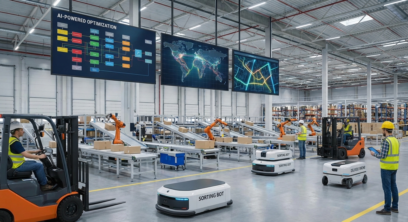 A logistics warehouse where AI optimises sorting and delivery routes.