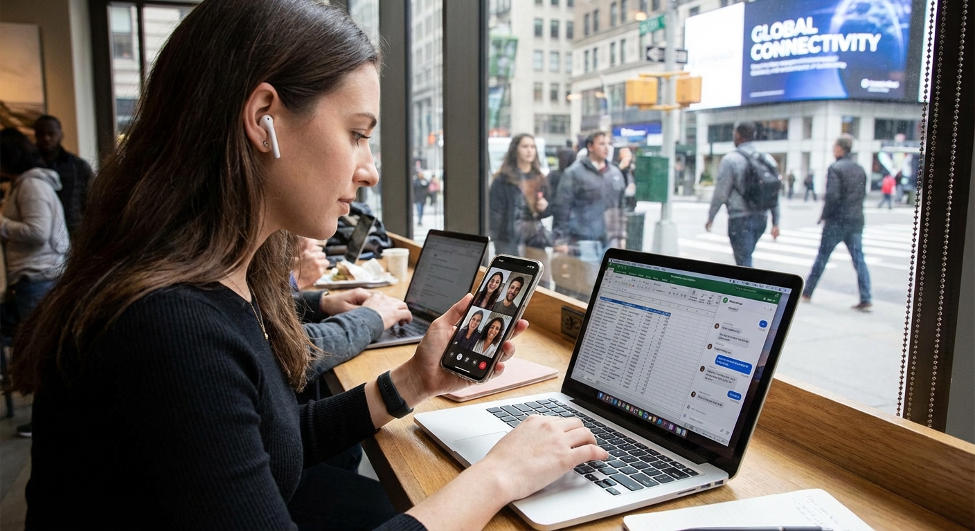 A person multitasking with a phone and laptop, showcasing modern connectivity.