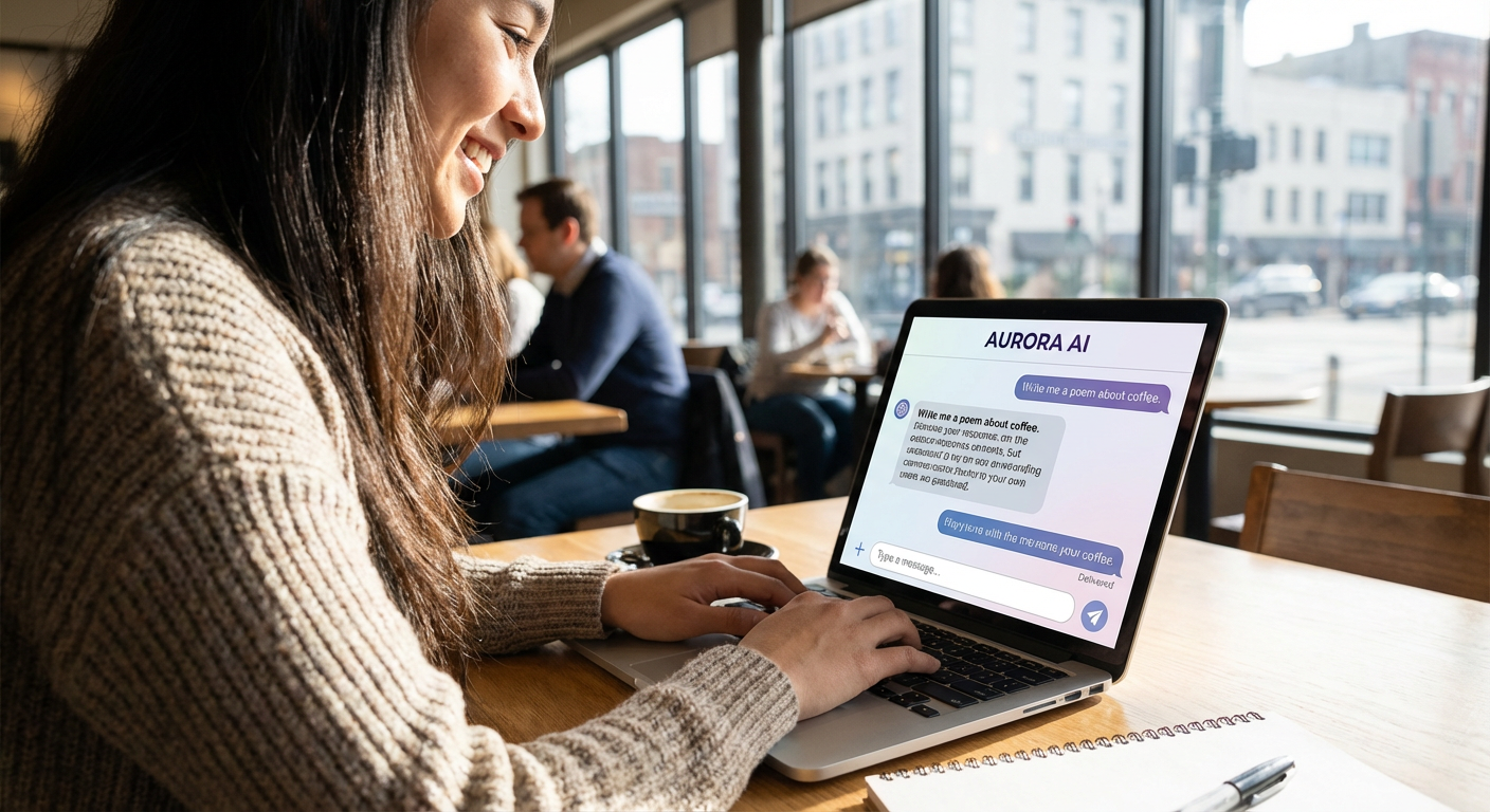 A person using a laptop with an AI chat interface on the screen.