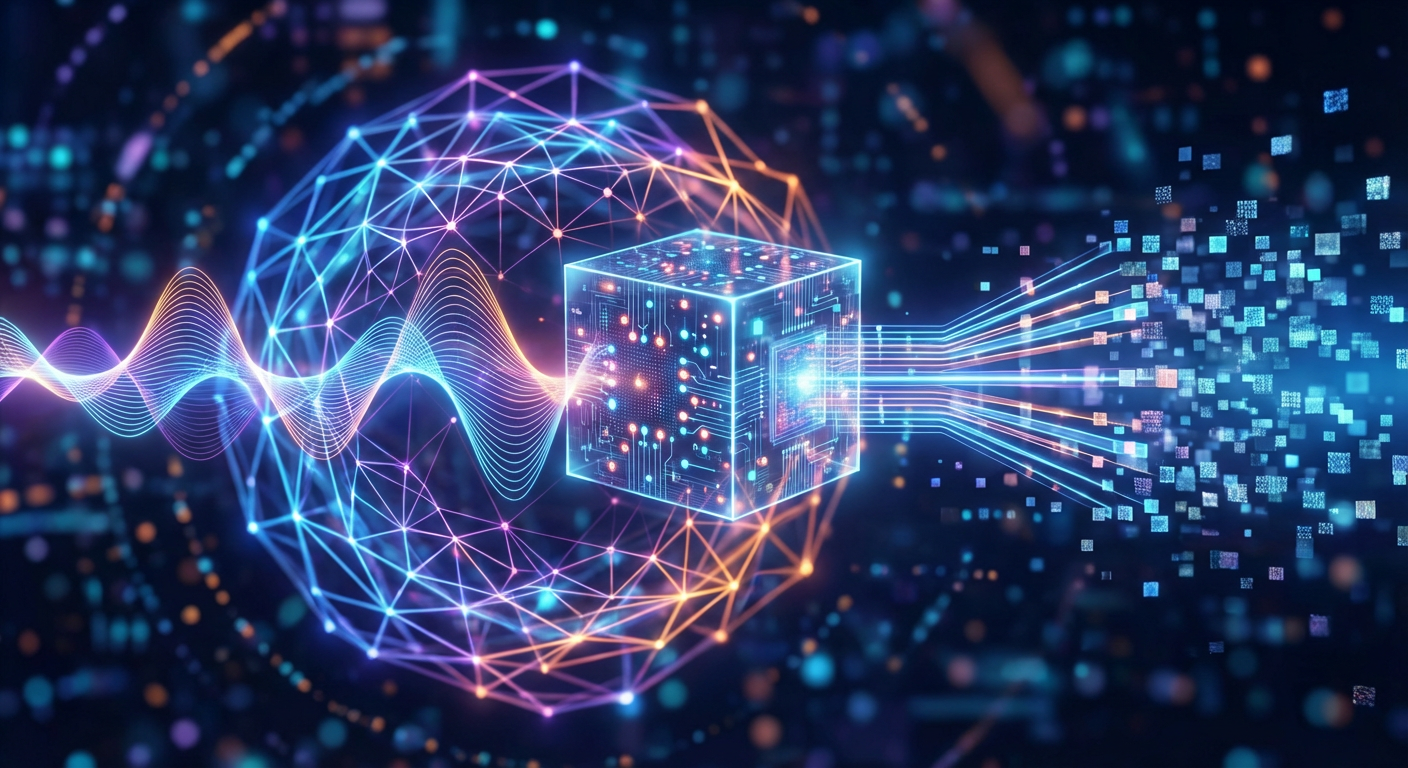 An abstract visualisation of soundwaves being processed by AI.