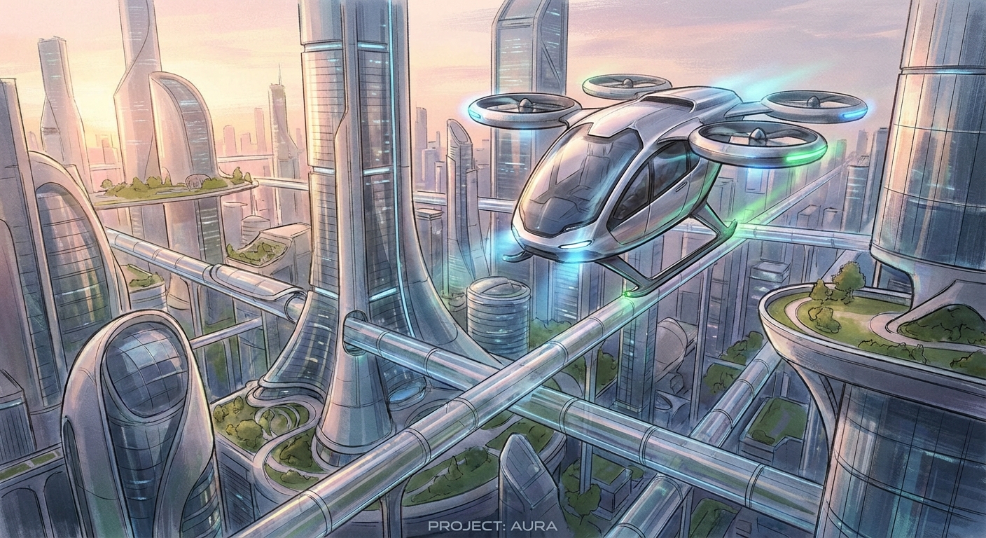 An artist's rendering of a futuristic electric flying taxi over a cityscape.
