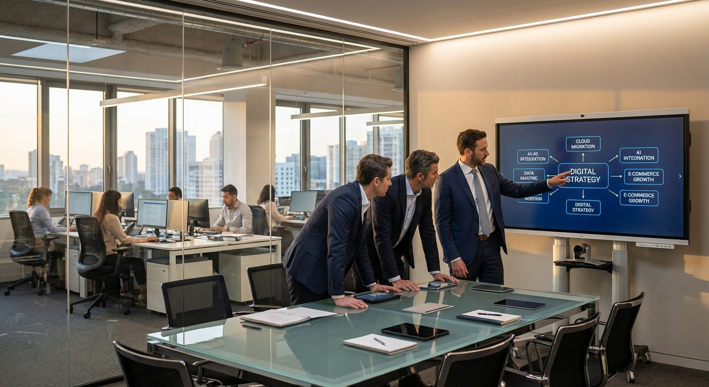 Business leaders planning their digital strategy on a modern glass-walled office.
