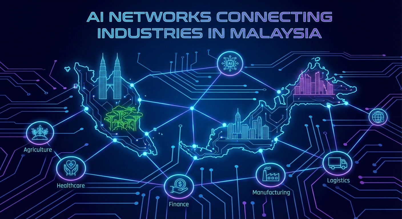 Digital illustration of AI networks connecting different industries in Malaysia.