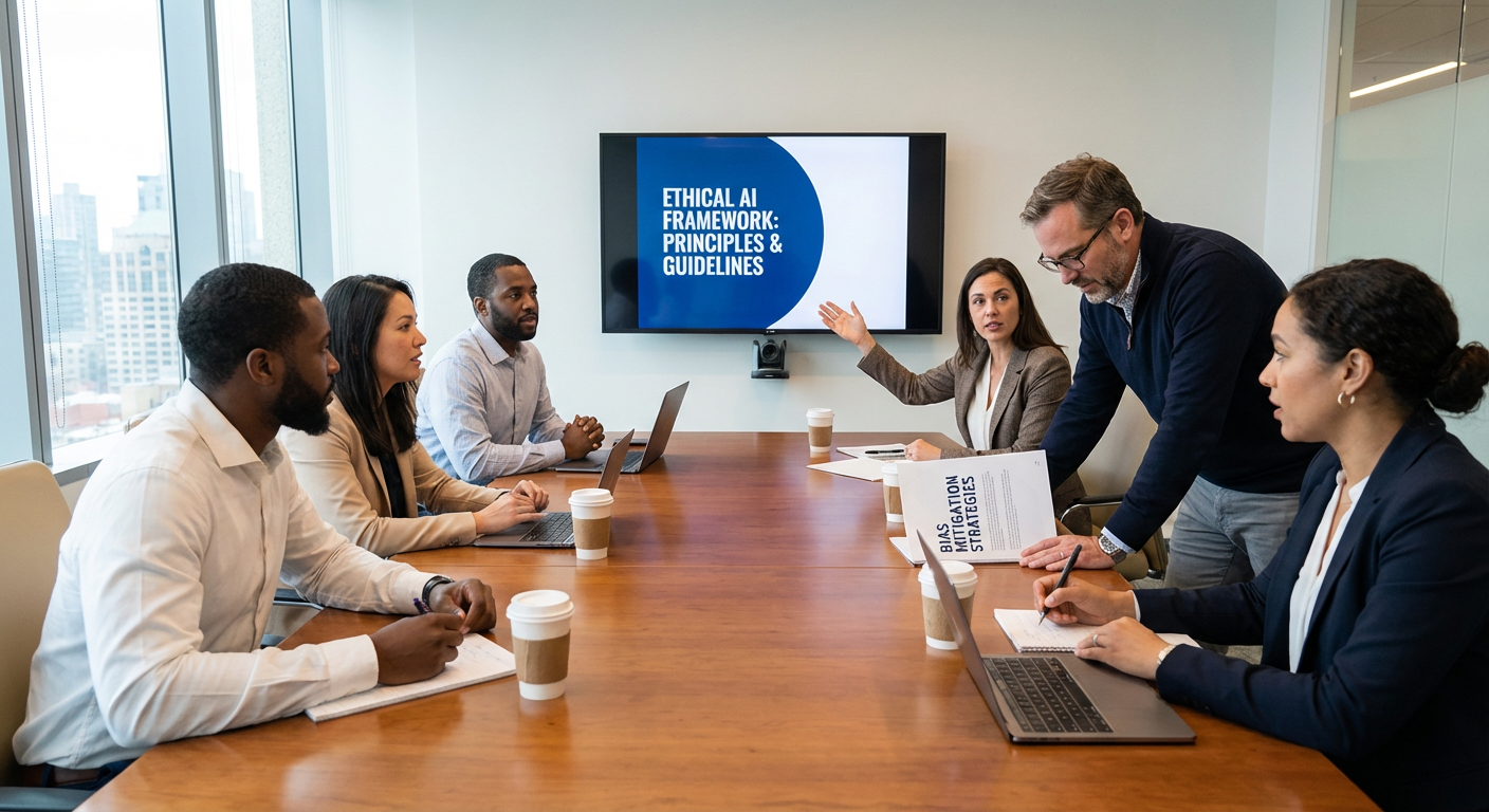 A group of professionals discussing ethical AI guidelines around a table.