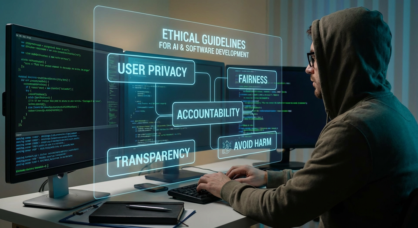 A programmer working on code with an overlay of ethical guidelines.