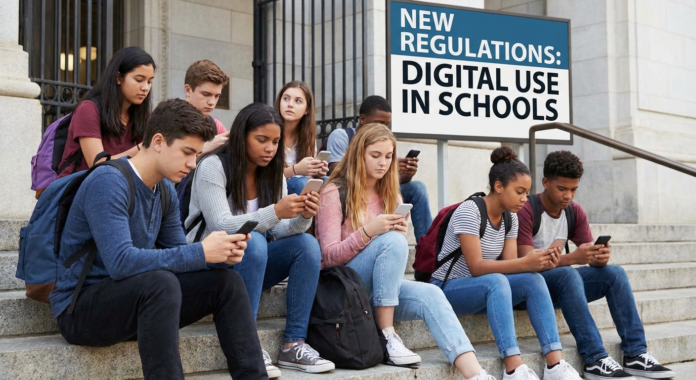 Teenagers using smartphones, reflecting the target group for new regulations.