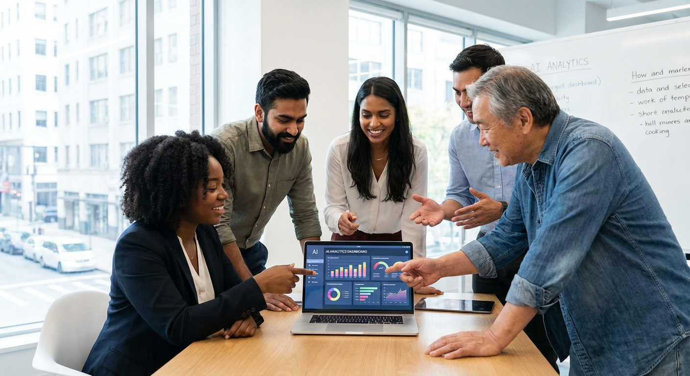 A diverse group of professionals collaborating around a laptop showing AI analytics.