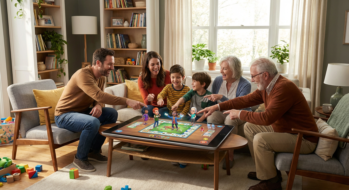 A family enjoying an interactive game on a tablet in their living room.