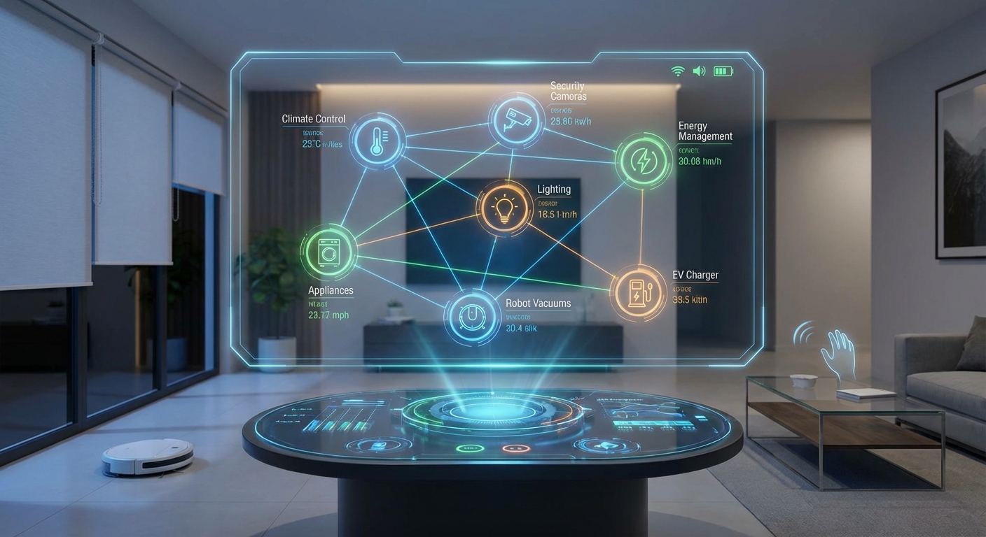 A futuristic dashboard showing connected smart home devices.