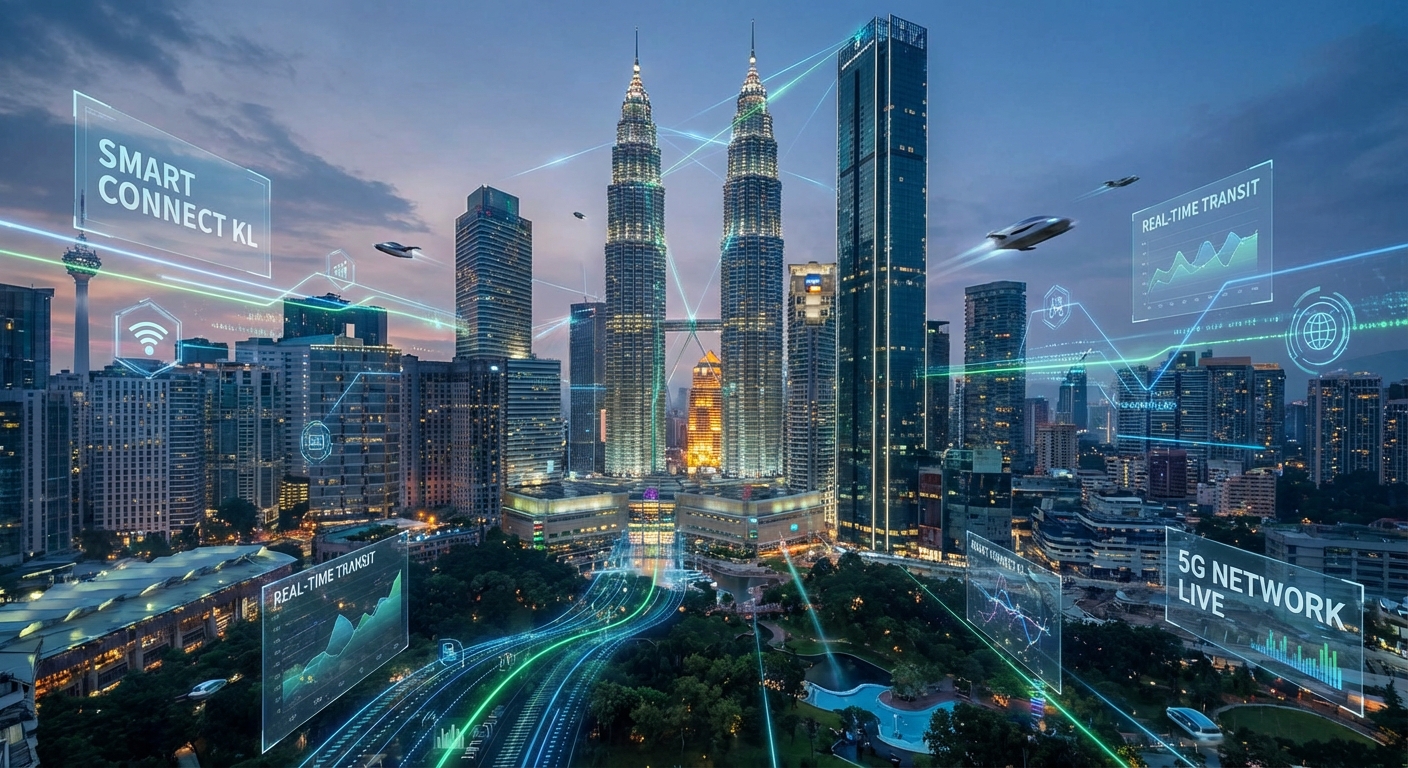 A futuristic cityscape of Kuala Lumpur with digital overlays representing data and connectivity.
