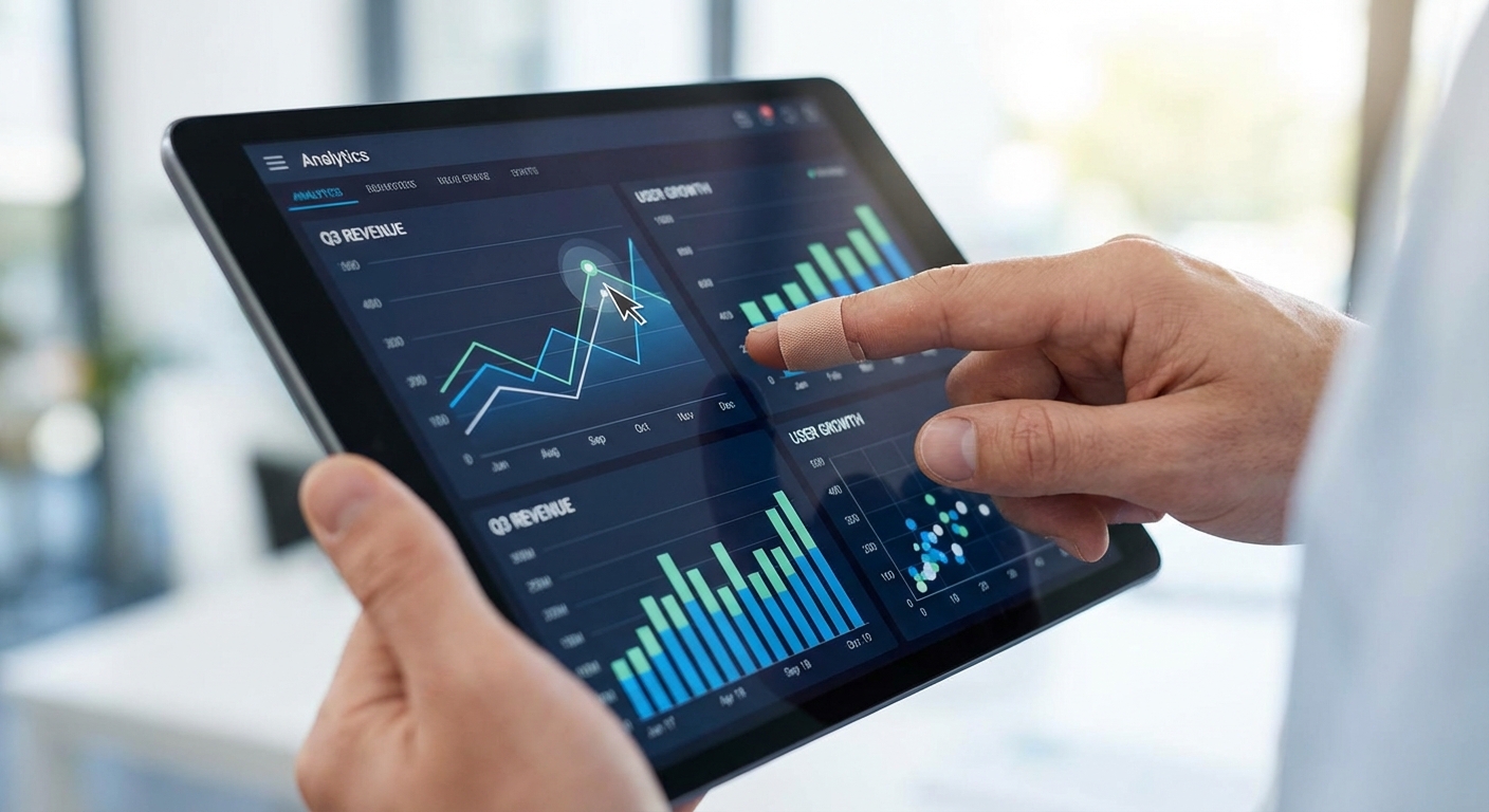 Close-up of a finger pointing at data charts and analytics on a tablet screen.