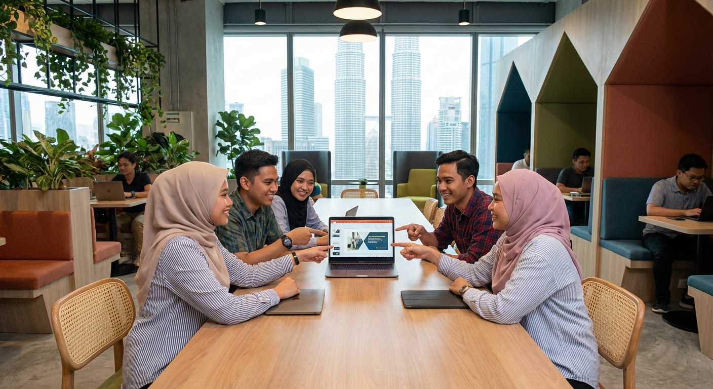 A group of young professionals in a modern Malaysian co-working space collaborating on a laptop.