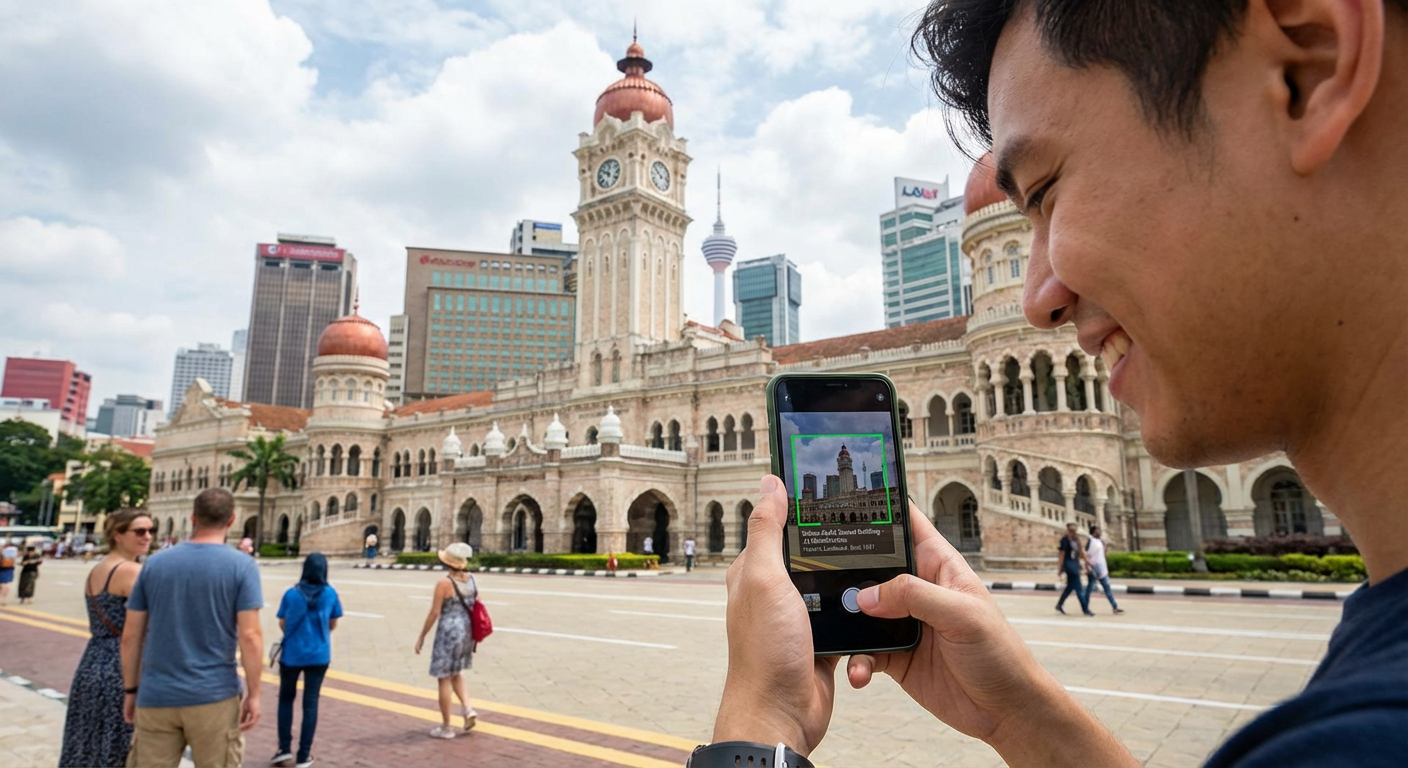 A person using AI features on their smartphone to identify a local landmark in Kuala Lumpur.