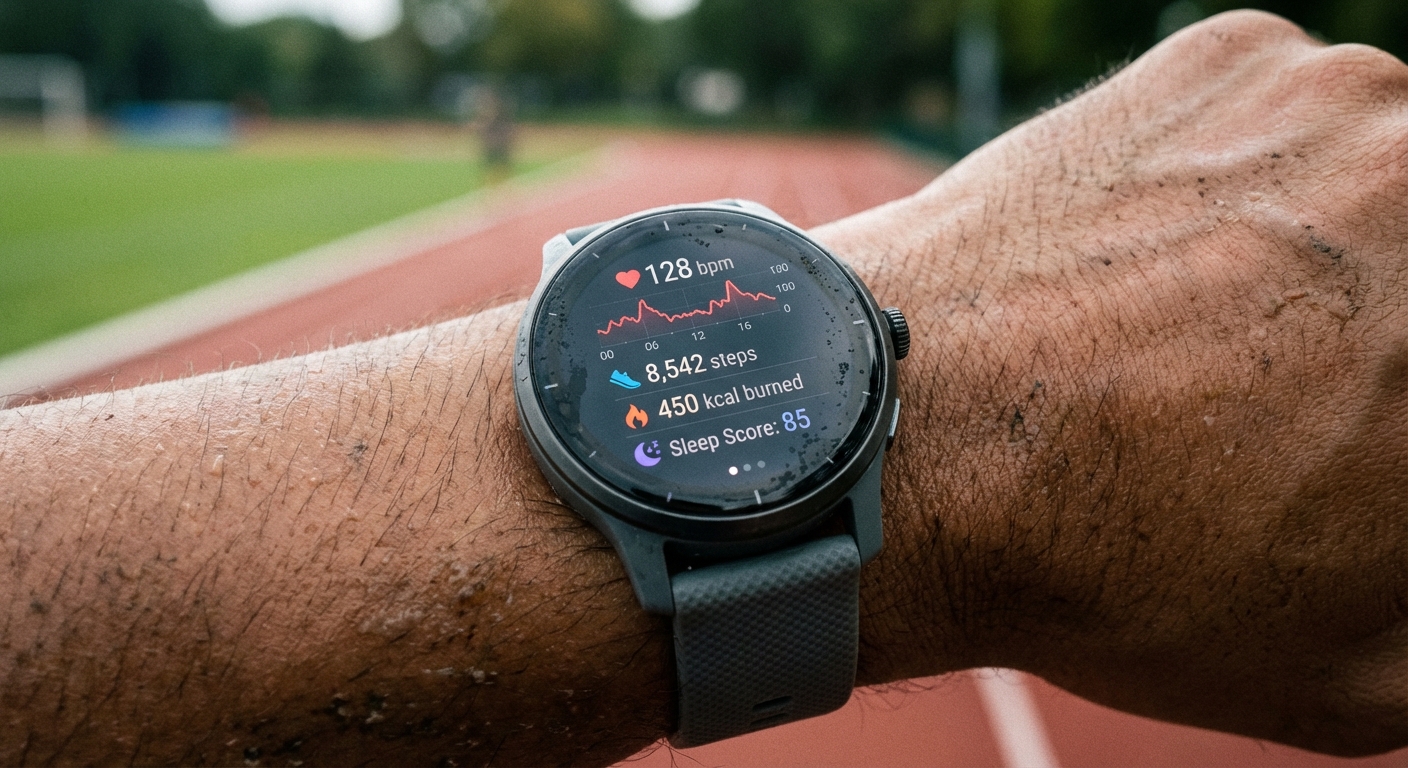 A close-up of a wearable device displaying health and activity metrics.