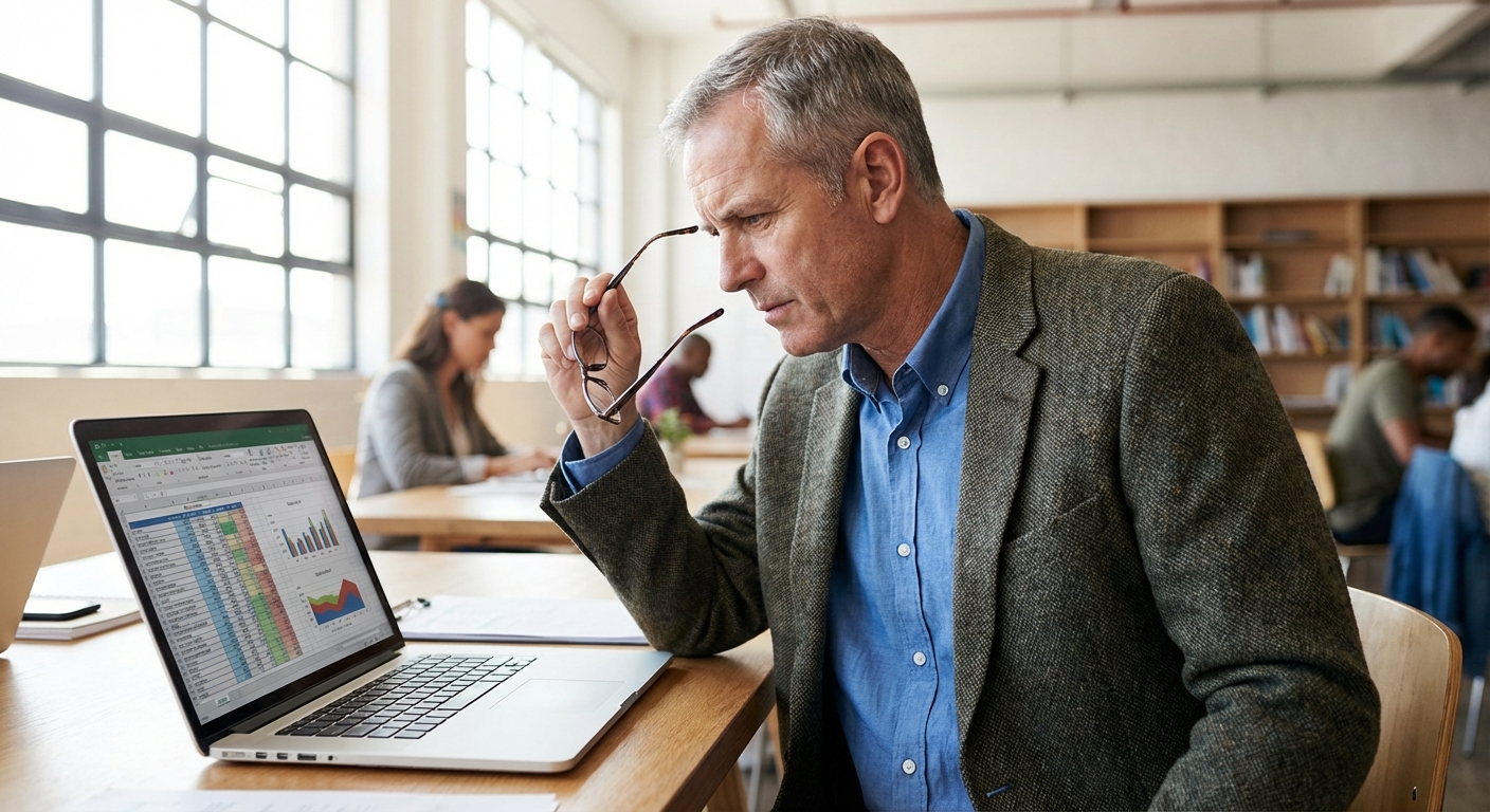 A professional carefully reviewing information on a laptop.