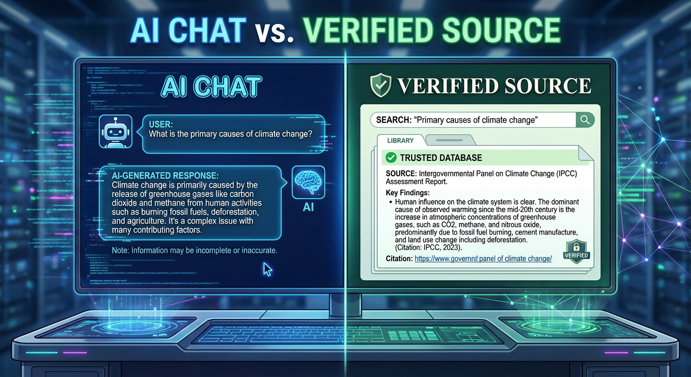 A split screen showing an AI chat on one side and a verified source on the other.