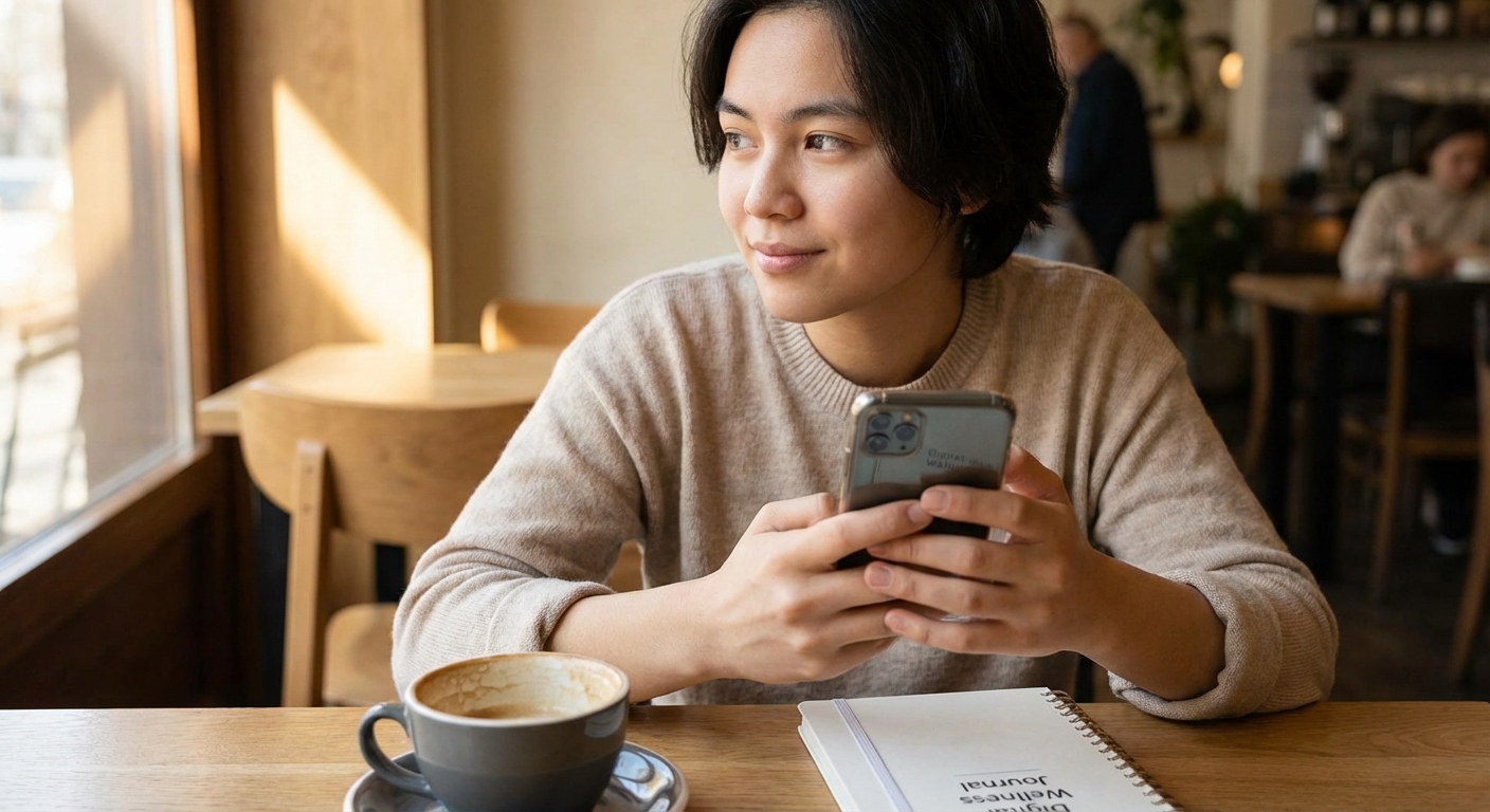 A person thoughtfully looking at their phone, representing the need for mindful digital engagement.