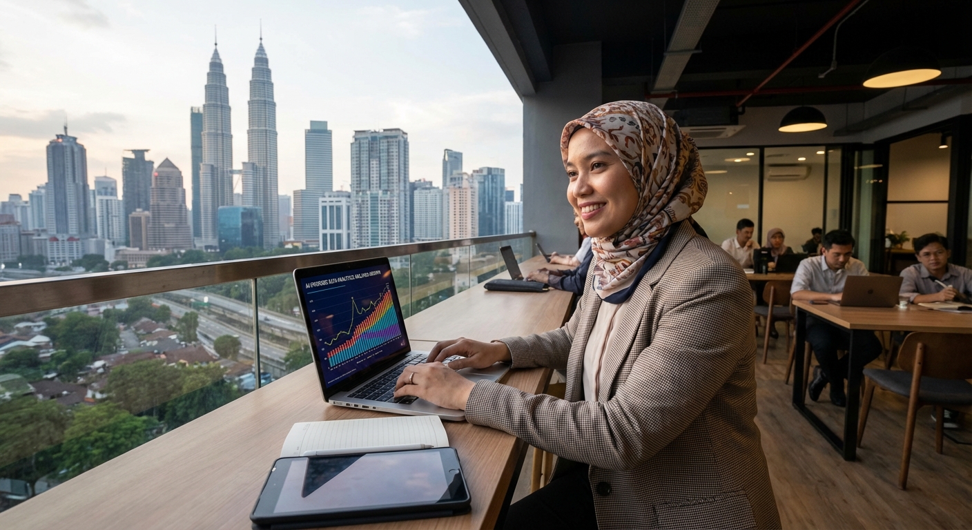 A professional in Malaysia working with AI-powered data on a laptop.