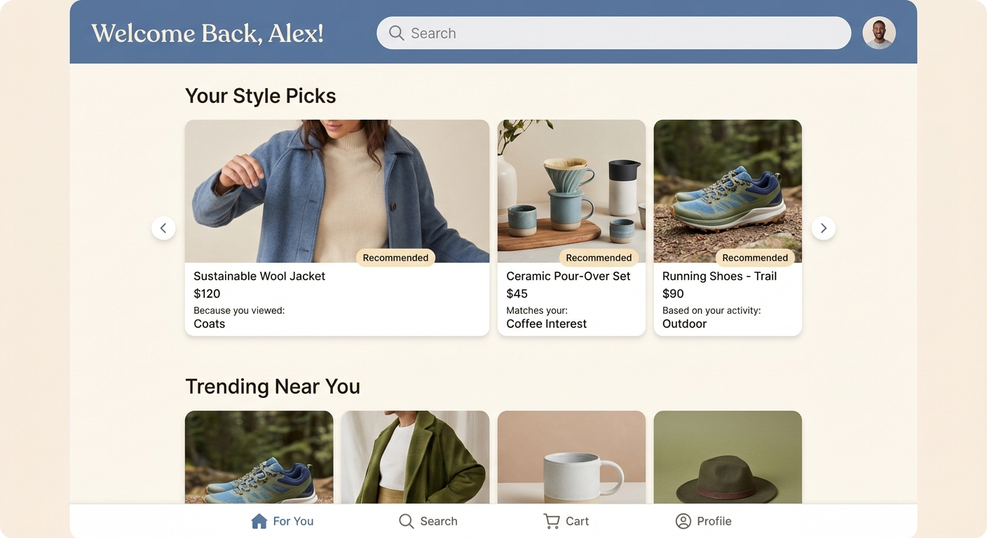 A user interface showing personalised recommendations on a shopping app.