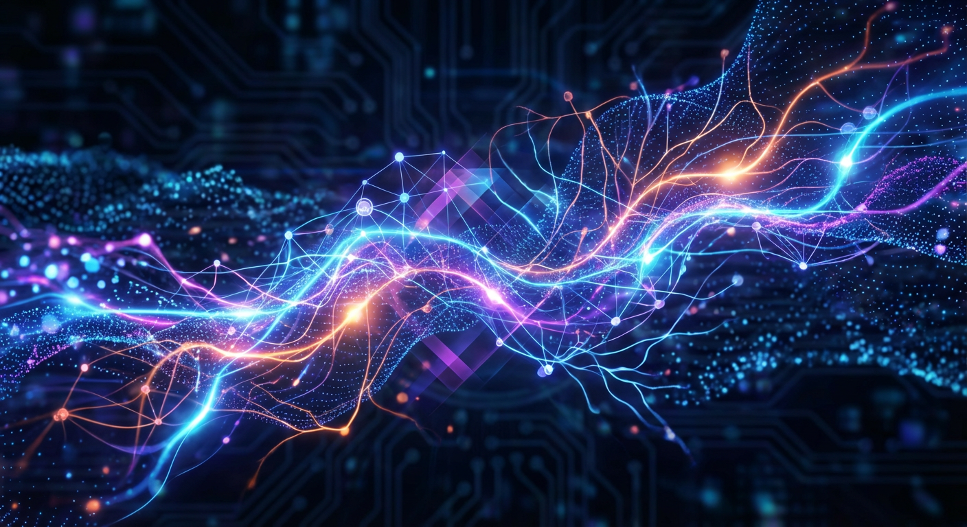 Abstract representation of neural networks and data processing.