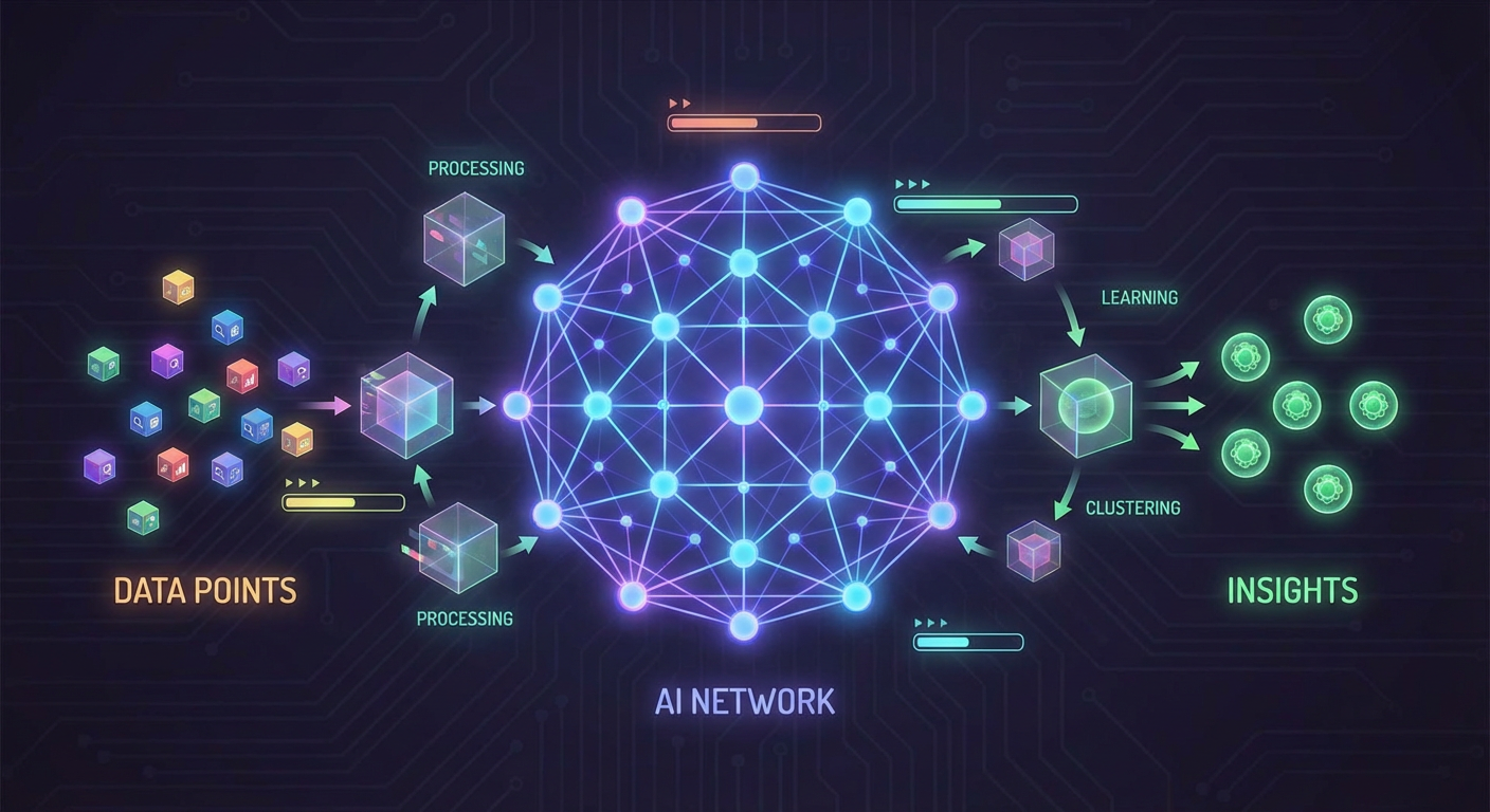 An animated graphic showing data points being analysed by an AI network.