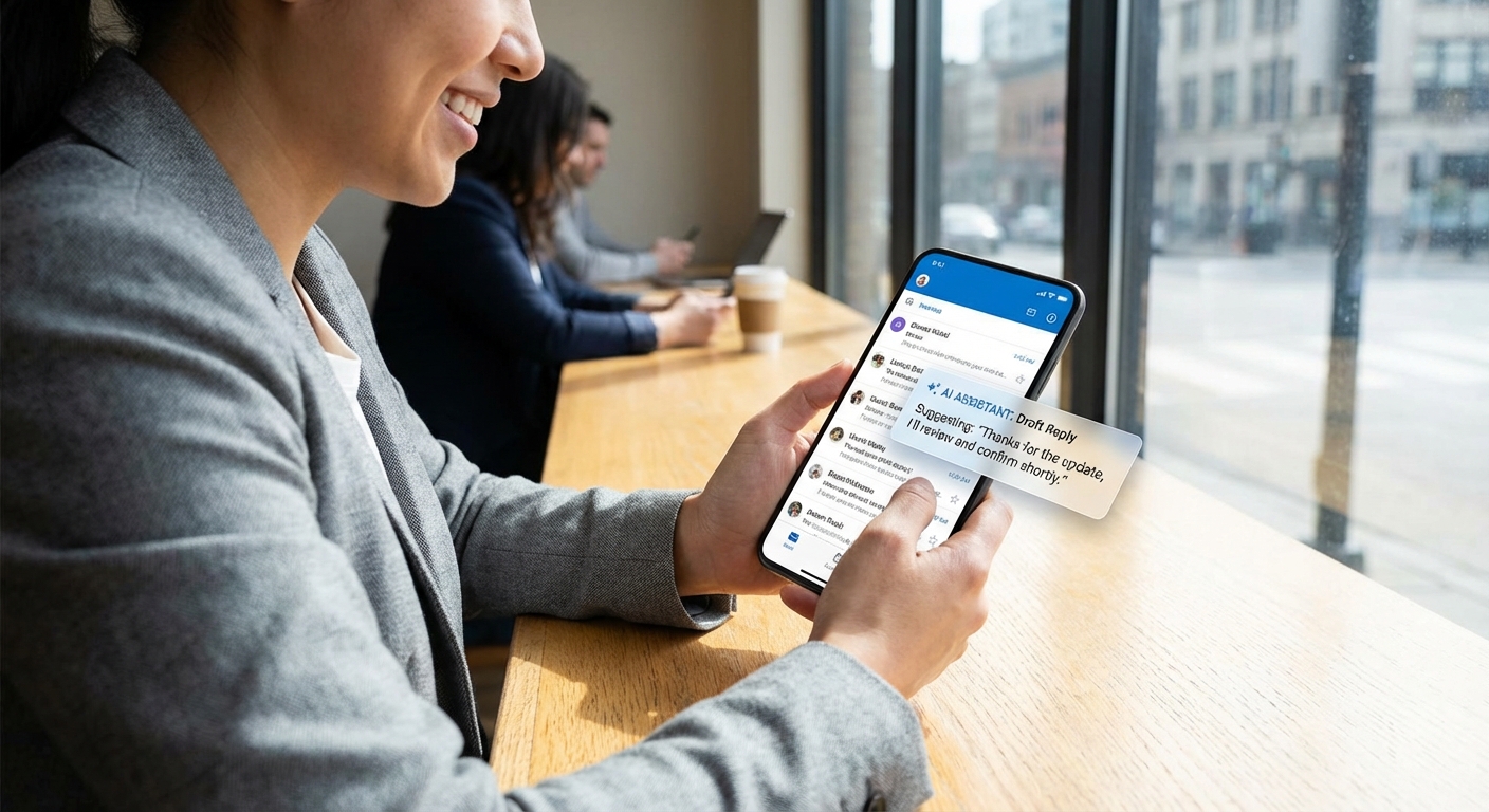 A person using a smartphone with an AI-assisted email application.