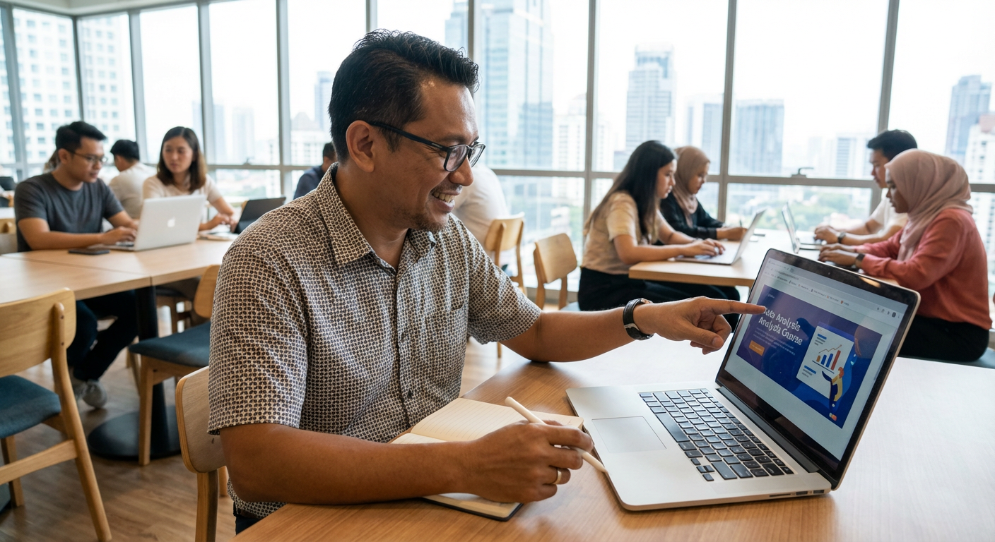 A Malaysian professional learning new digital skills on a laptop.