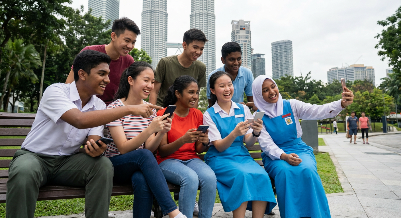 A diverse group of Malaysian teenagers using their phones and laughing together.