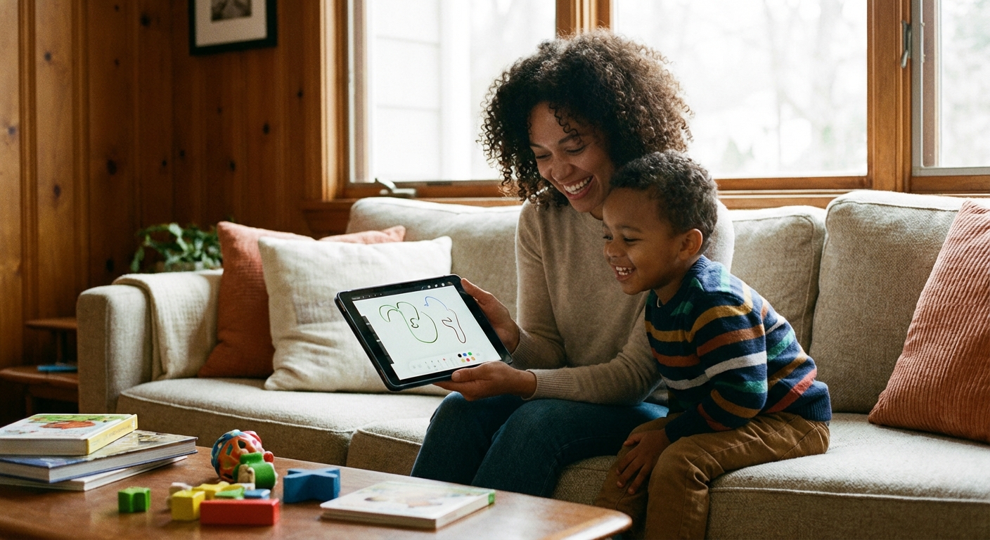 A parent and child looking at a tablet together, smiling.