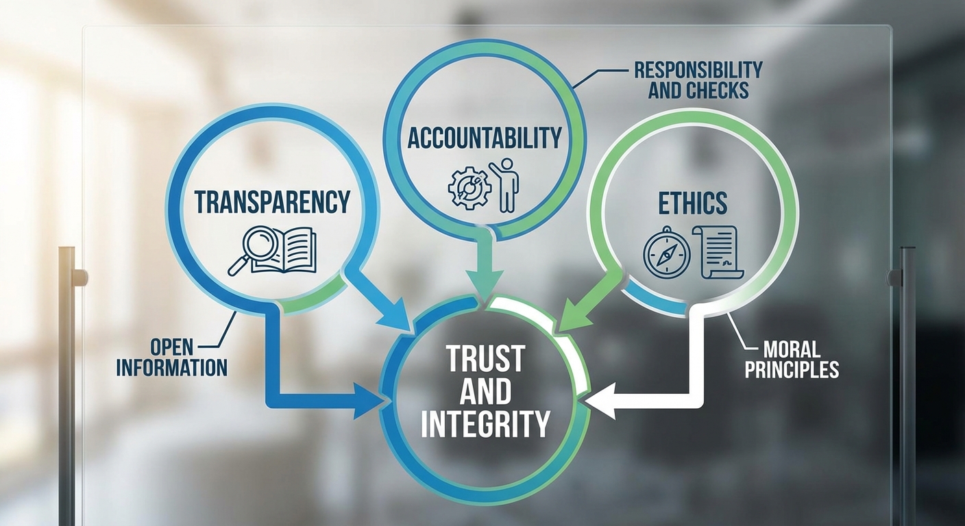 A diagram showing the concepts of transparency, accountability, and ethics.