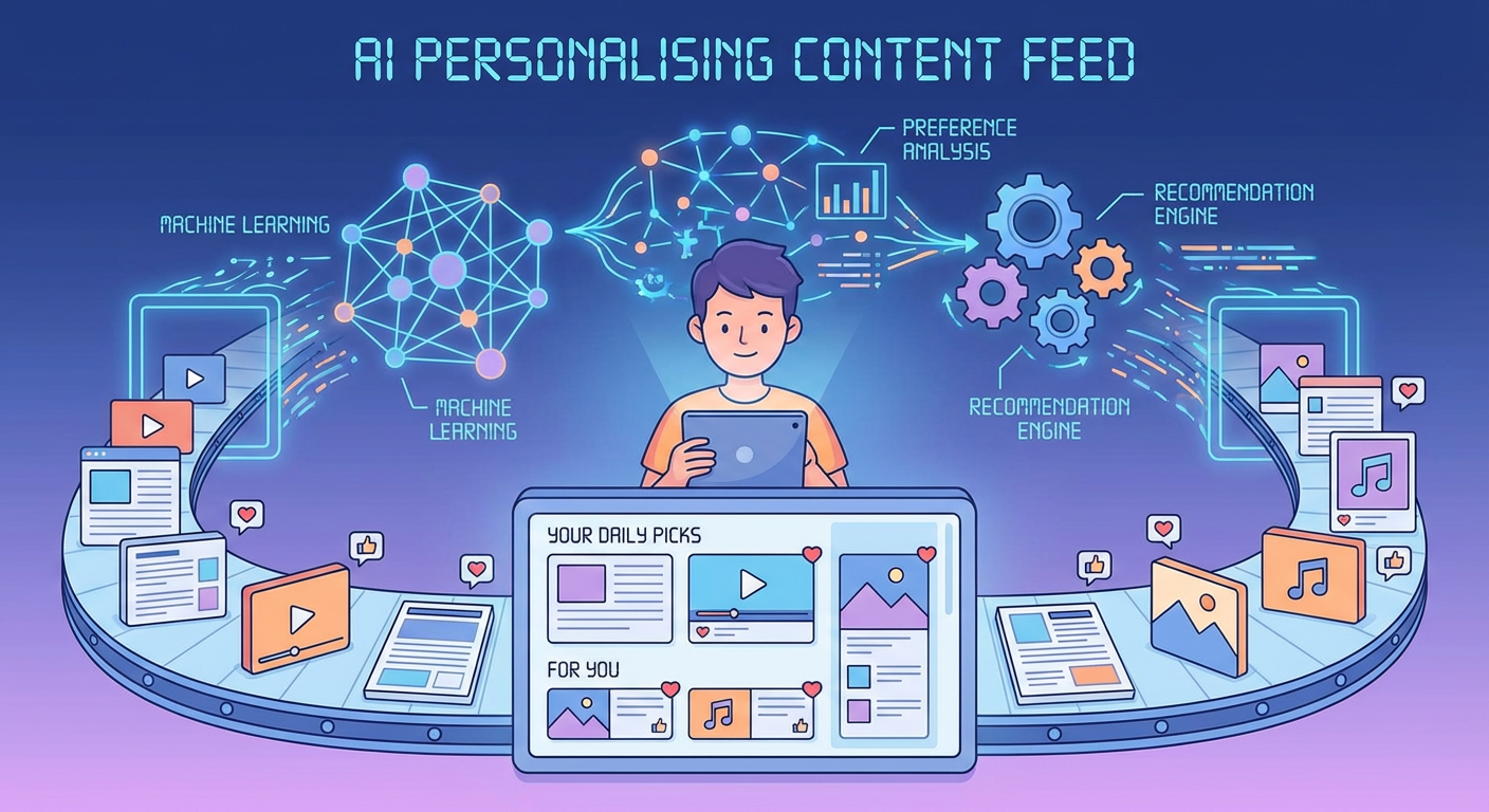 Illustration showing AI algorithms personalising a user's content feed.