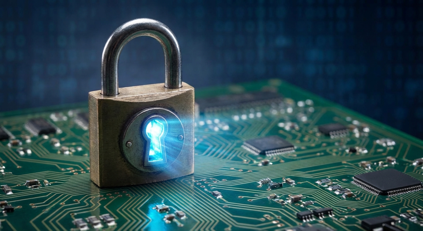 A symbolic image representing data privacy, like a lock over a circuit board.